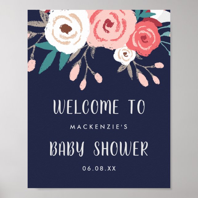 Navy & Coral Floral Bouquet Babydusche Willkommen Poster (Vorne)