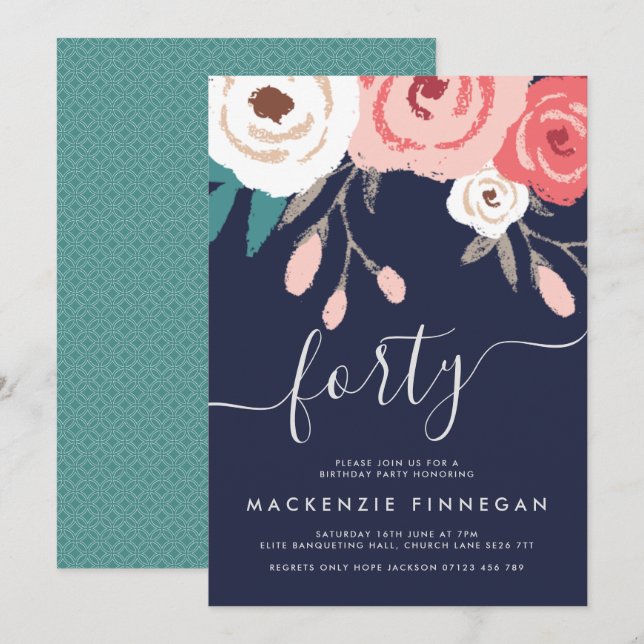 Navy & Coral Fortieth Birthday Party Einladung (Vorne/Hinten)