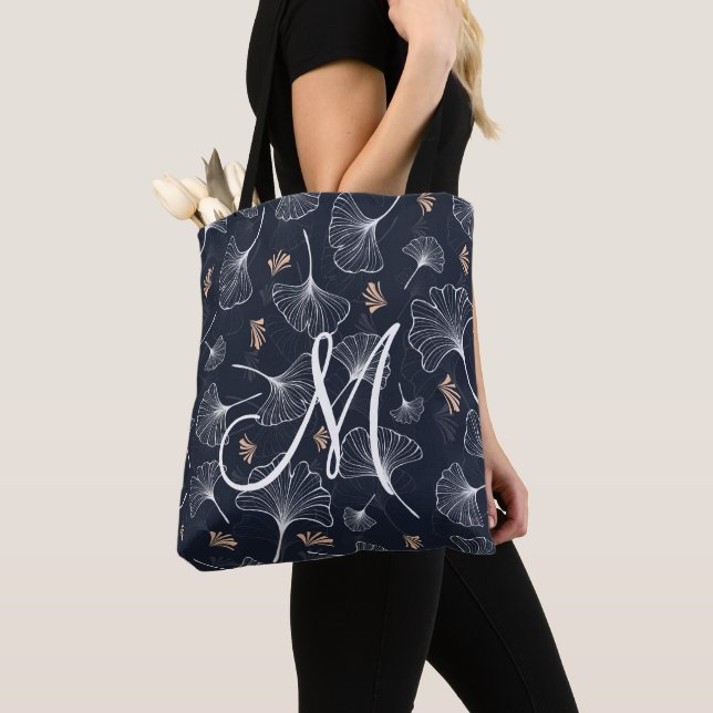 Navy Coral Ginkgo Monogram Tote Bag (Von Nahem)