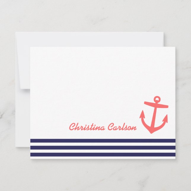Navy & Coral Nautical Stripes & Anchor Stationery Mitteilungskarte (Vorderseite)