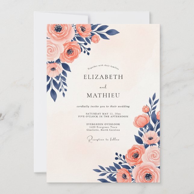 Navy Coral Painterly Summer Wedding Einladung (Vorderseite)