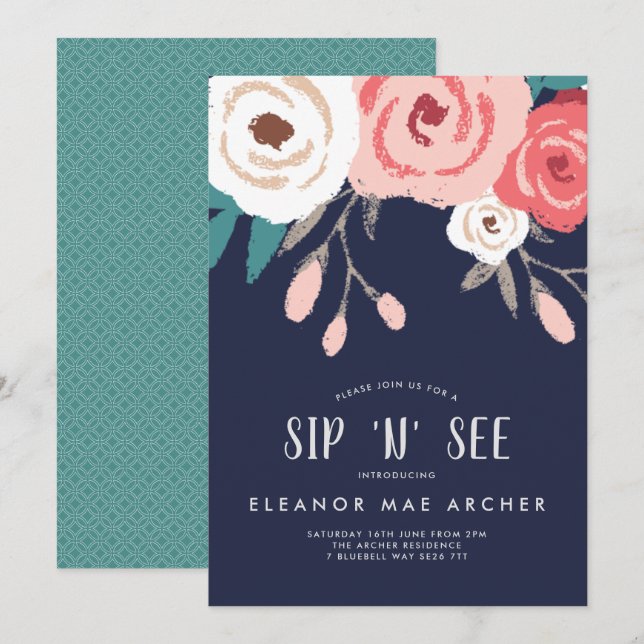 Navy & Coral Sip und See Einladung (Vorne/Hinten)