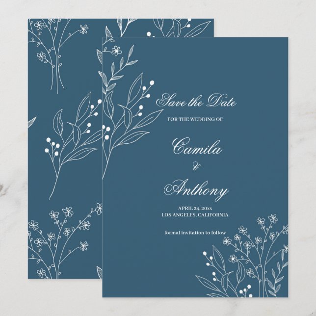 Navy Corner Floral Boho Wedding Einladung (Vorne/Hinten)