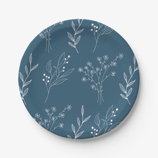 Navy Corner Floral Boho Wedding Pappteller (Vorderseite)