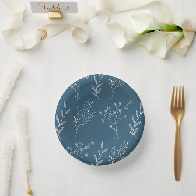Navy Corner Floral Boho Wedding Pappteller (Hochzeit)