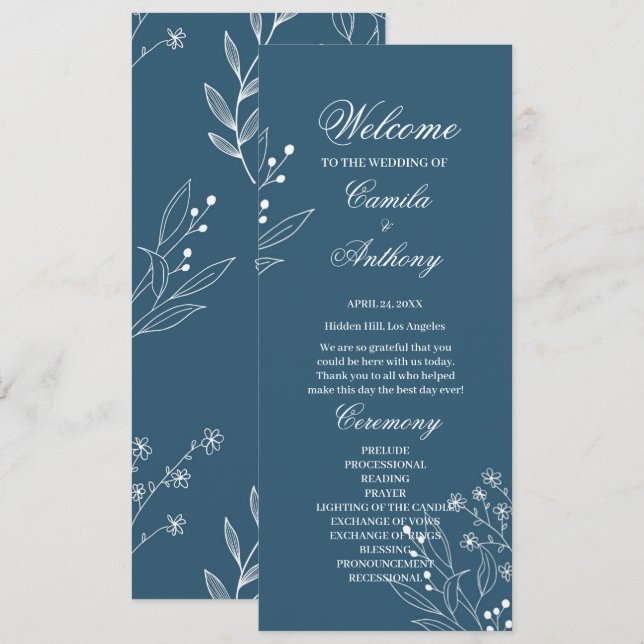 Navy Corner Floral Boho Wedding Programm (Vorne/Hinten)