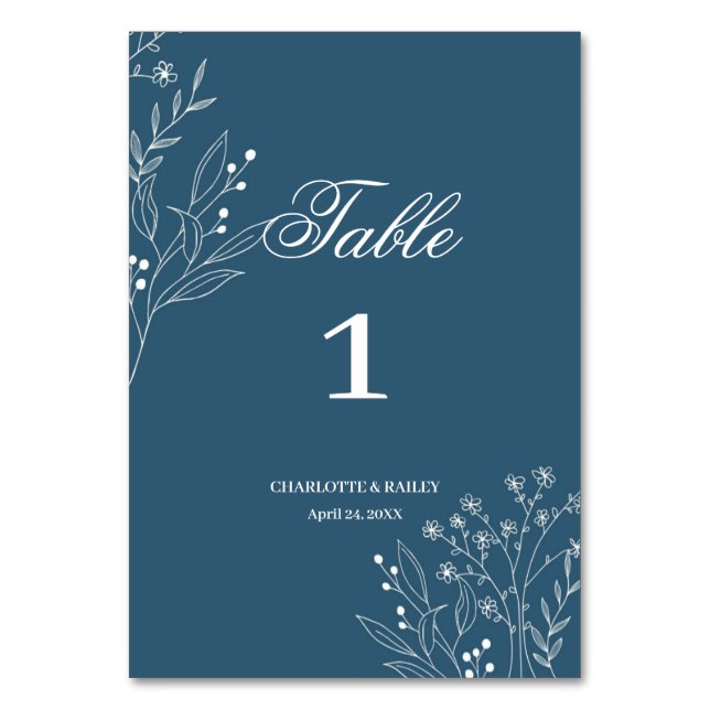 Navy Corner Floral Boho Wedding Tischnummer (Vorderseite)