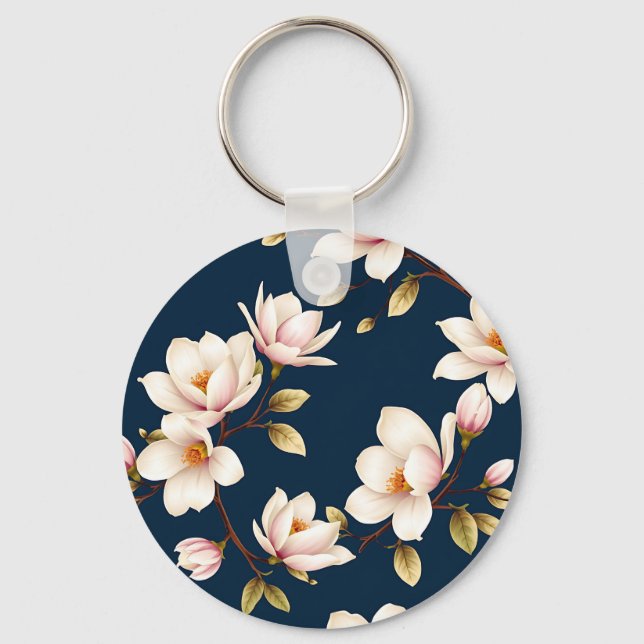 Navy Cream Magnolia Blossom Pattern Schlüsselanhänger (Vorderseite)