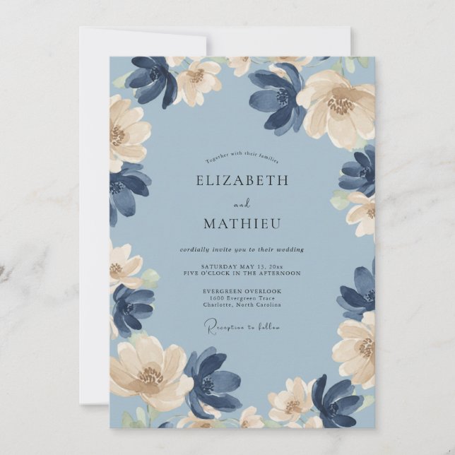 Navy Cream Petal Hochzeit Einladung (Vorderseite)