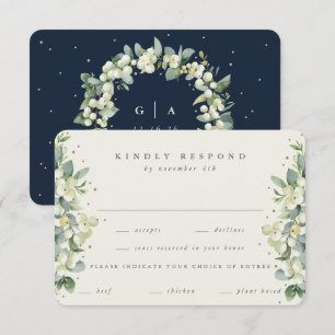 Navy/Cream Schneebeere + Eukalyptus Umrandete Hoch RSVP Karte