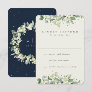 Navy/Creme Schneebeere+Eukalyptus Winterhochzeit RSVP Karte