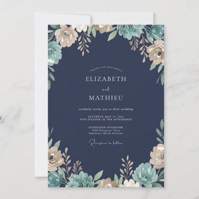 Navy-Creme-Wildblumen-Hochzeit Einladung (Vorderseite)