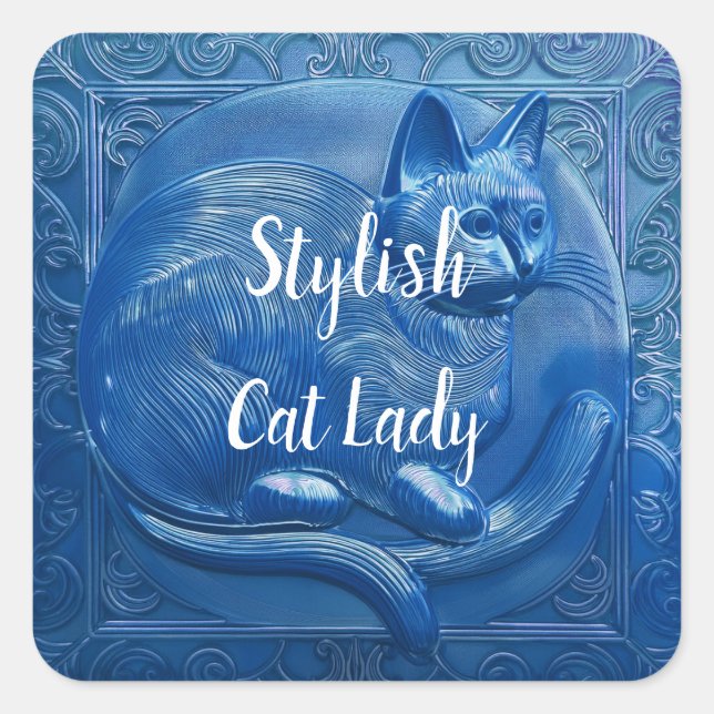 Navy Custom Art Nouveau Cat Lady Quadratischer Aufkleber (Vorderseite)