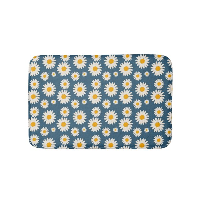 Navy Daisy Floral Bohemisch Botanisches Muster Badematte (Vorderseite)