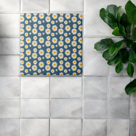 Navy Daisy Floral Bohemisch Botanisches Muster Fliese