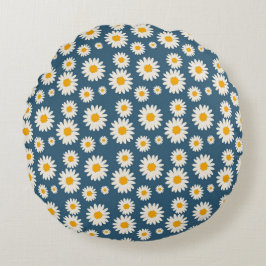 Navy Daisy Floral Bohemisch Botanisches Muster Rundes Kissen