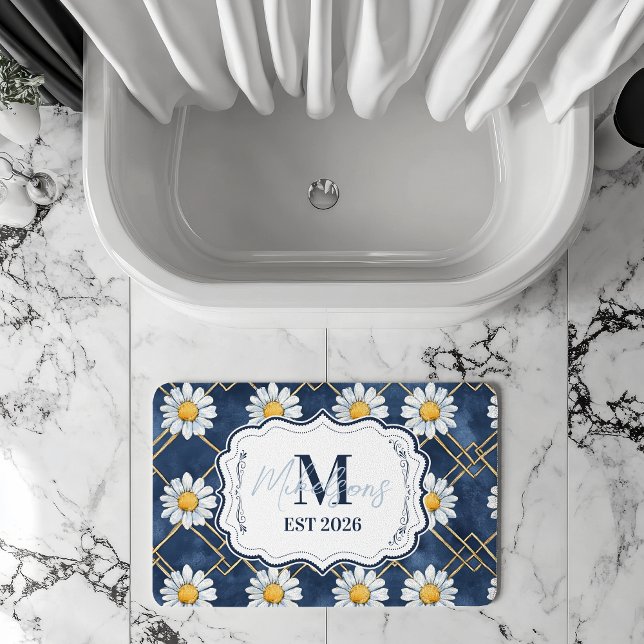 Navy Daisy Gingham Monogram Decor Badematte (Von Creator hochgeladen)