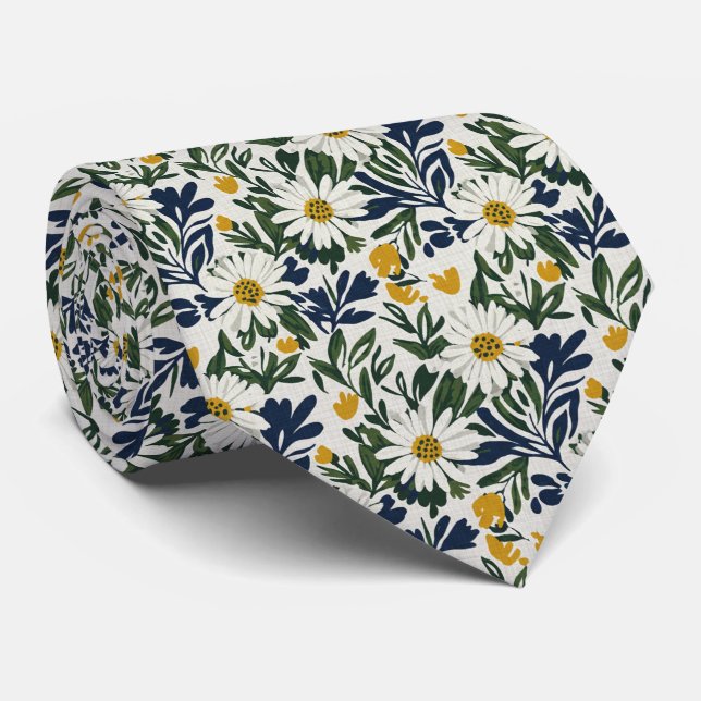 Navy Daisy- und Senfblumenmuster  Krawatte (Gerollt)