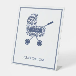 Navy Damask Pram Bitte nehmen Sie eine Babydusche Sockelschild