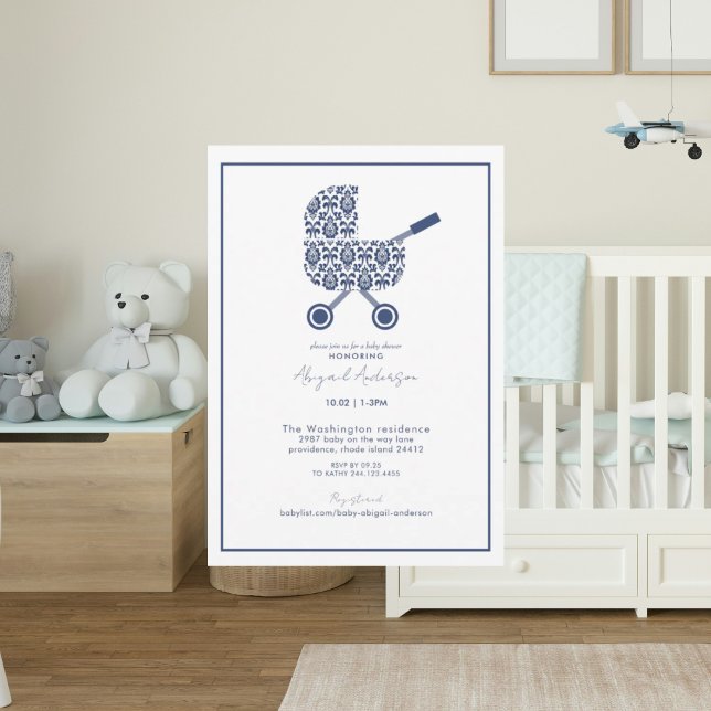 Navy Damask Pram Kinderdusche Einladung (Von Creator hochgeladen)