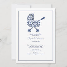 Navy Damask Pram Kinderdusche Einladung