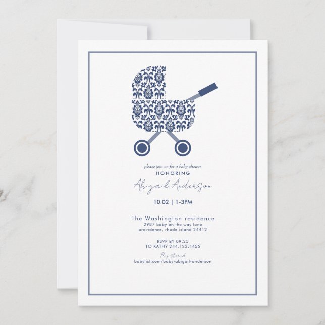 Navy Damask Pram Kinderdusche Einladung (Vorderseite)