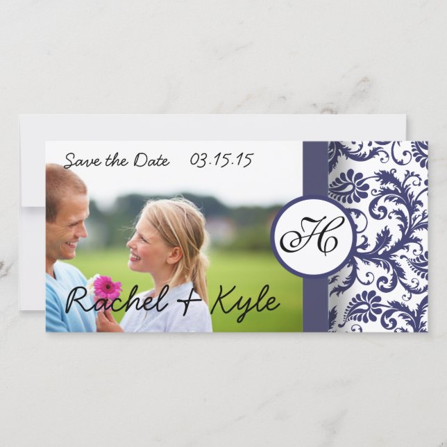 Navy Damask Save the Date (Vorderseite)
