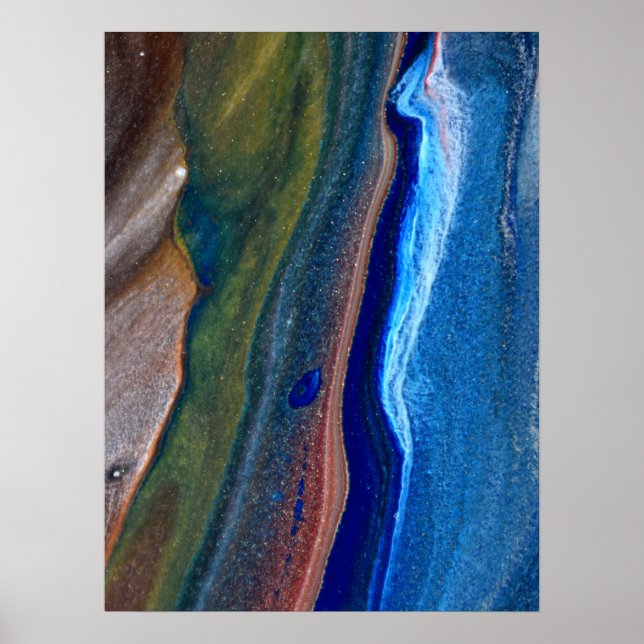 Navy Dark Blue Abstrakt Stripes Metallic Fluid Art Poster (Vorne)