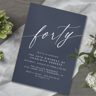 Navy Dark Blue | Einfaches Elegant 40. Geburtstag Einladung