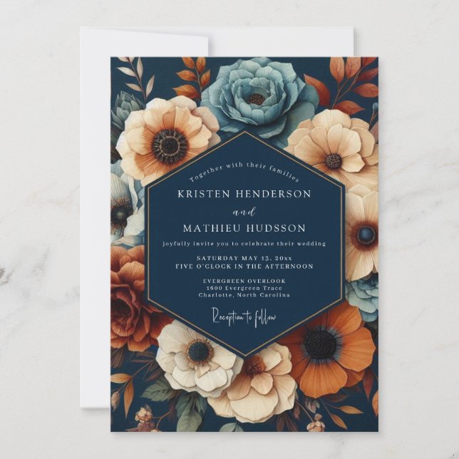 Navy Deep Floral Opulent Wedding Einladung (Vorderseite)