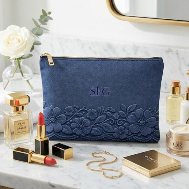 Navy-Denim-Blumenmonogramm-Design Zubehörtasche (Von Creator hochgeladen)