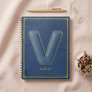 Navy Denim Gelber Stich Faux-Leder V Initiale Notizblock