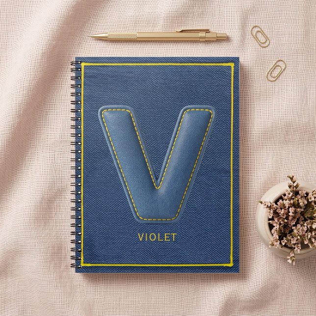 Navy Denim Gelber Stich Faux-Leder V Initiale Notizblock (Von Creator hochgeladen)