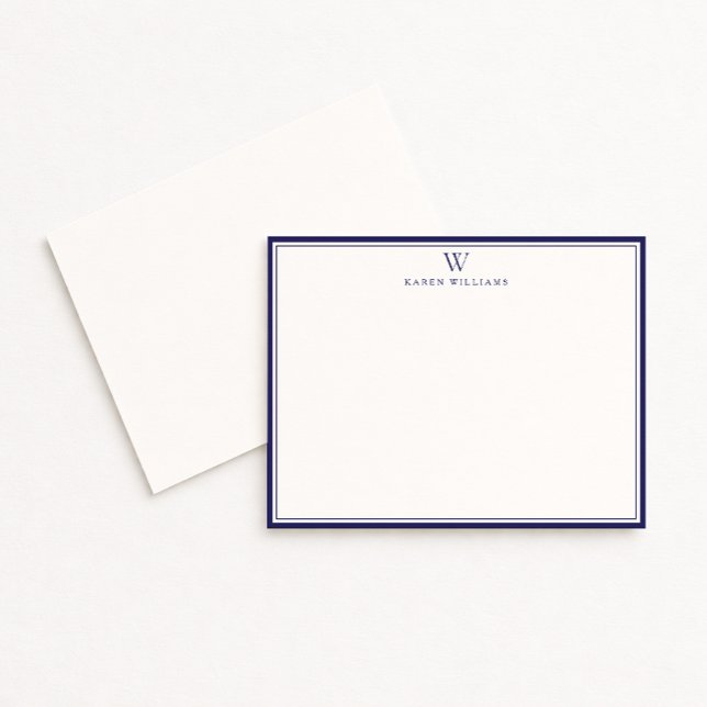 Navy Double Border Monogram Off-White Note Card Einladung (Von Creator hochgeladen)