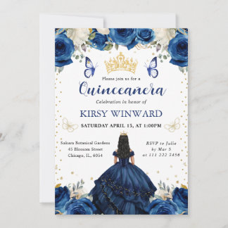 Navy Dress Black Hair Princess Quinceanera Einladung