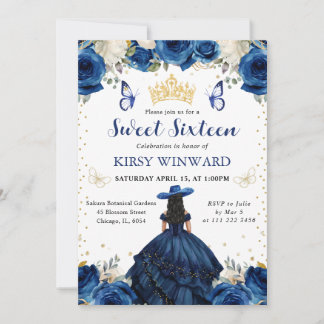 Navy Dress Black Hair Salon Princess Sweet 16 Einladung