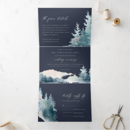NAVY DUSKY BLUE BERGE PINE WATERCOLOR WEDD DREIFACH GEFALTETE EINLADUNG