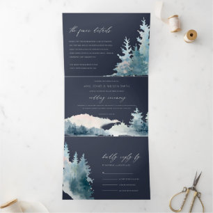 NAVY DUSKY BLUE BERGE PINE WATERCOLOR WEDD DREIFACH GEFALTETE EINLADUNG