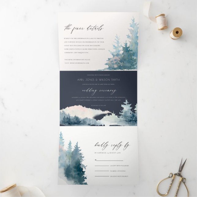 NAVY DUSKY BLUE BERGE PINE WATERCOLOR WEDD DREIFACH GEFALTETE EINLADUNG (Innenseite)