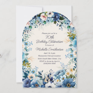 Navy Dusty Blau Weiße Florale 70. Bogen-Geburtstag Einladung