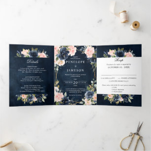 Navy Dusty Blue Blush Geometric Wedding Tri-Falten Dreifach-gefaltete Programmkarte