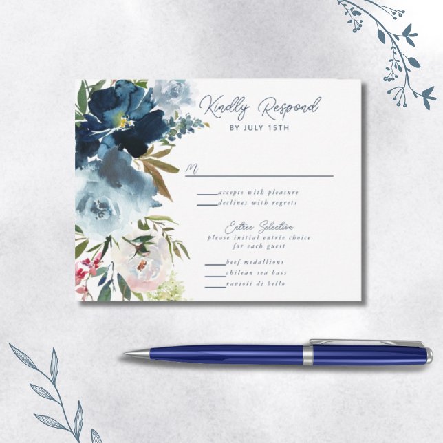 Navy & Dusty Blue Elegante Wasserfarben RSVP Karte (Von Creator hochgeladen)