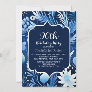 Navy Dusty Blue Floral 90. Geburtstag Einladung