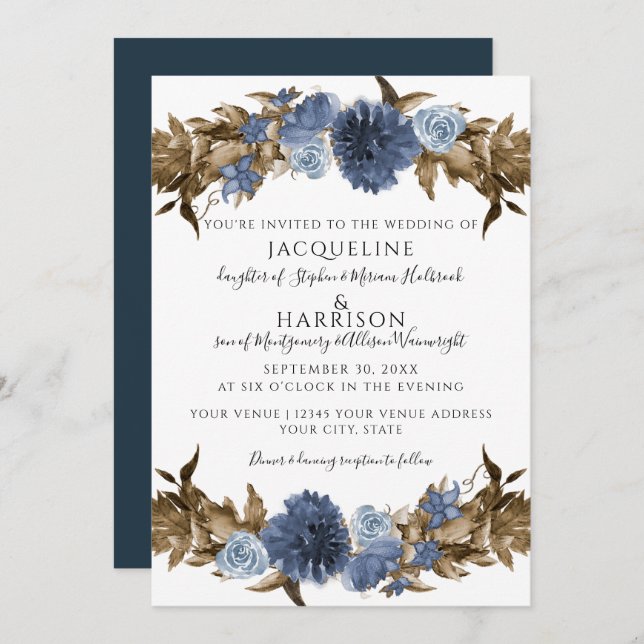 Navy Dusty Blue Floral Fall Sepia Grüne Hochzeit Einladung (Vorne/Hinten)