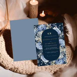 Navy Dusty Blue Floral Spring Bloom Wedding Folieneinladung