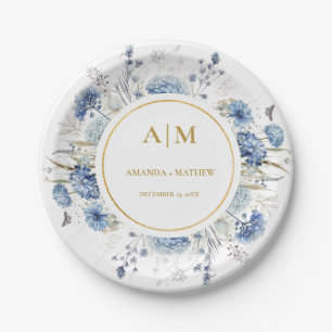 Navy Dusty Blue Floral Spring Bloom Wedding Pappteller