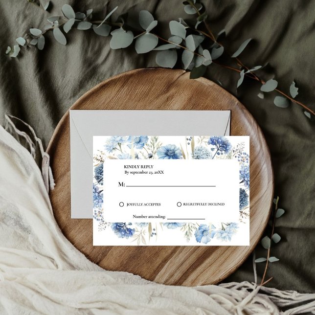 Navy Dusty Blue Floral Spring Bloom Wedding RSVP Karte (Von Creator hochgeladen)