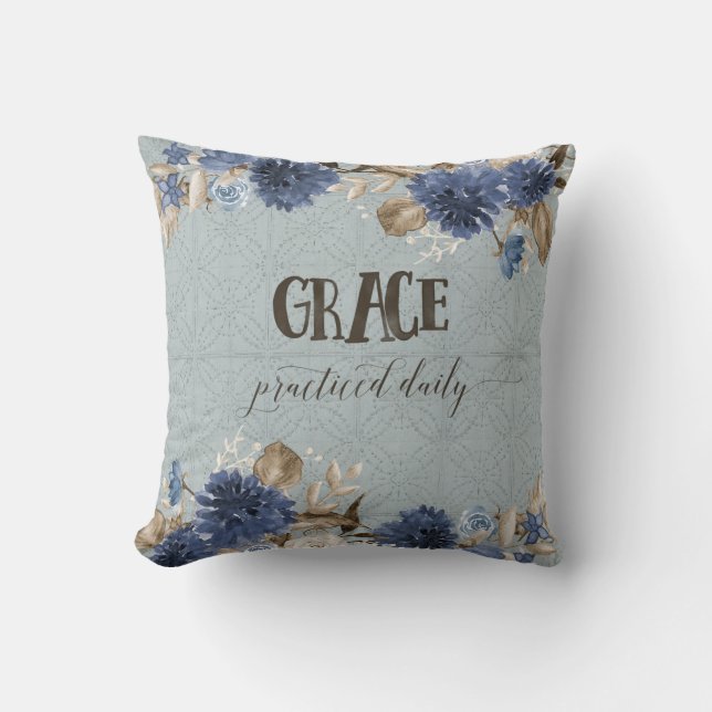 Navy Dusty Blue Floral Watercolor Grace Bauernhof Kissen (Vorderseite)