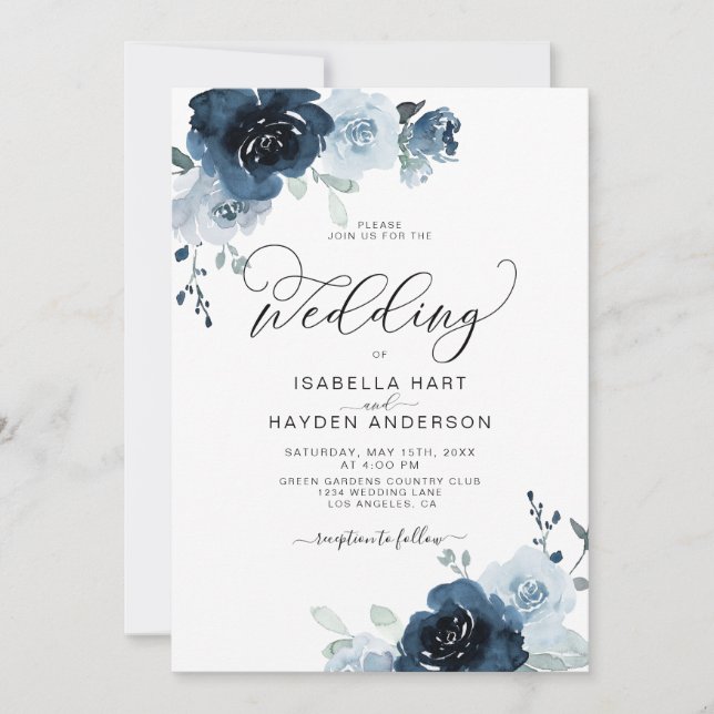 Navy Dusty Blue Flowers Bloral Wedding Einladung (Vorderseite)