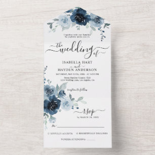 Navy Dusty Blue Flowers Botanical Wedding RSVP All All In One Einladung